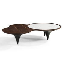 Modern Irregular Walnut Coffee Table With White Marble Top, a Unique Centerpiece for Living Room.
