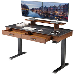 Eureka Ergonomic George Slate Standing Desk With Dual Monitors, Drawers Open, Modern Home Office Setup.
