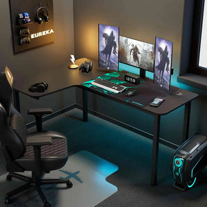 Eureka Ergonomic L-Shaped Gaming Desk - Black Desk With Triple Monitor Setup.