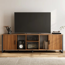 Sonoma 70 Tv Stand: Modern Media Console With Wood Grain Finish, Black Steel Frame, and Adjustable Shelving.