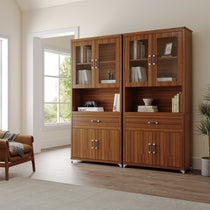 Walnut 72'' Storage Bookcase With Glass Doors and Shelves From Eureka Ergonomic.