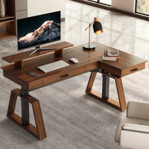 L-Shaped Ark Pro Walnut Standing Desk With Adjustable Height and Modern Design for Home Office.