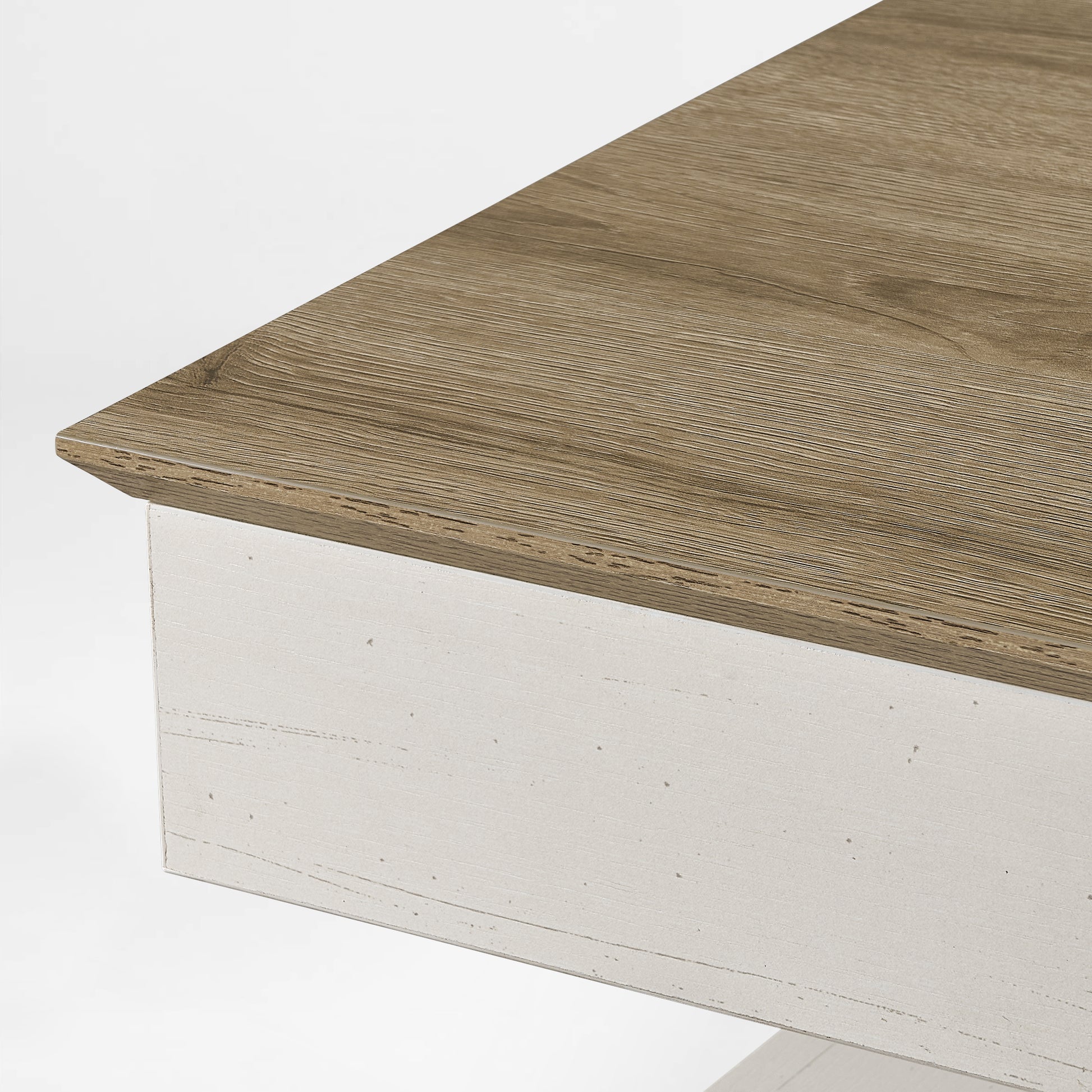 Eureka Ergonomic Ark SD Standing Desk  Desk corner with light woodgrain beveled edge and white frame.