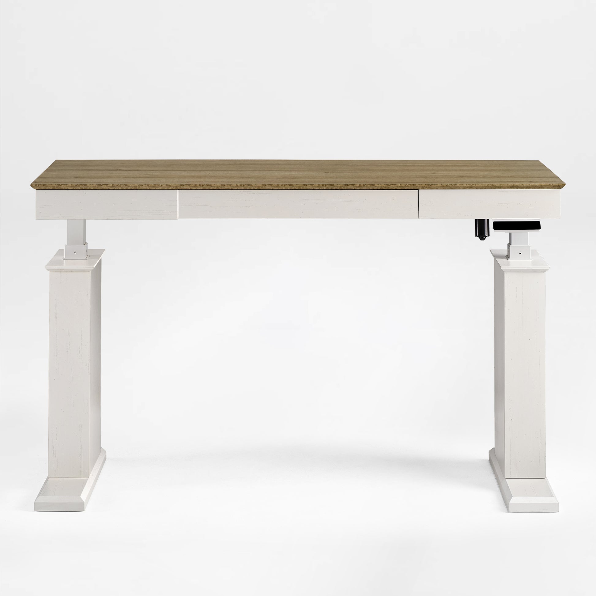 Eureka Ergonomic Ark SD Standing Desk with light woodgrain top, white frame, drawers, and sturdy column legs.