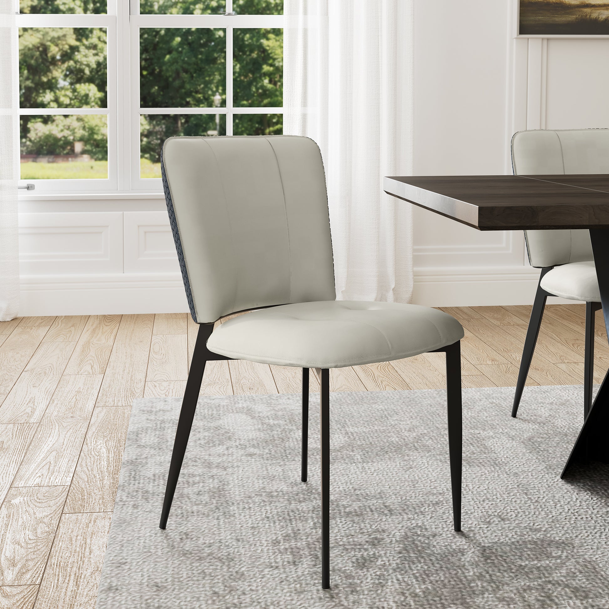 Aspen Upholstered Dining Chair, Off-White Leather, Black Metal Frame, Dining Room Furniture.
