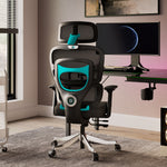 Axion Ergonomic Gaming Chair, Black Mesh Back, Teal Accents, Ergonomic Design, Home Office Setup.