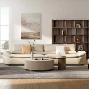 Bella Beige Leather Sofa in a Modern Living Room Setting, Napa Leather Sofa.