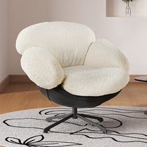 Cara Modern Swivel Lounge Chair in White Lamb Velvet and Black Leather, 360-Degree Swivel, Neutral Modern Design.