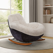 Chloe Comfy Rocking Lounge Chair With Sherpa Cushions in Off White, Navy Base, Wooden Rockers.