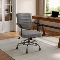 Cole Task Office Chair in Gray Pu Leather, Solid Wood Armrests and Rolling Casters, Ergonomic Design for Office Comfort.