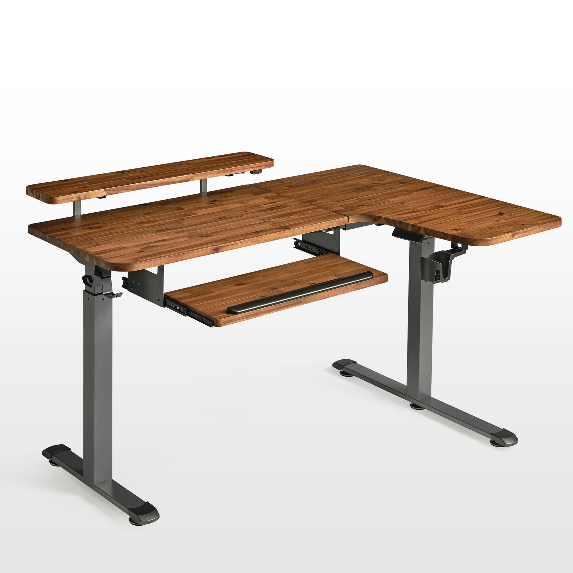 Eureka Ergonomic Dark Acacia Wood L-Shaped Standing Desk built-in accessories, perfect for any office.