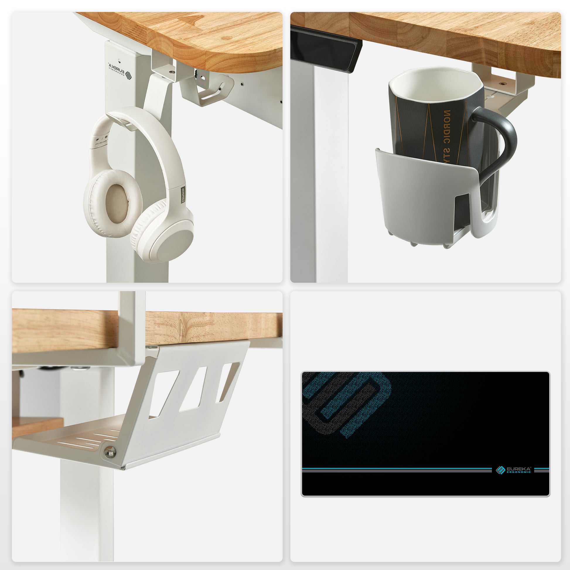 Eureka Ergonomic Standing Desk With Accessory set included with the desk: cup holder, coaster, and more.