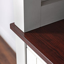 Close-Up Detail of the Eureka Ergonomic Ark Es Bookshelf, Showcasing Cherry Wood and White Finish.
