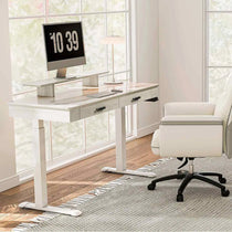 Eureka Ergonomic George Slate Standing Desk, White Marble Desktop With Monitor Showing 10: 39 Am.