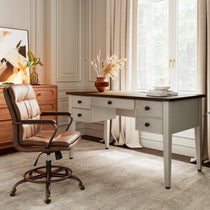 Farmhouse Office Desk With Drawers and Leather Office Chair. Modern Workspace Design.