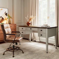 Farmhouse Office Desk With Drawers and Leather Office Chair. Modern Workspace Design.