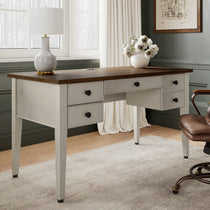 Farmhouse Office Desk With Drawers, Vintage Style, White Base, Wood Top, and Modern Design.