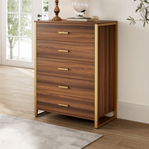 Modern Walnut 5-Drawer Chest Dresser With Gold Frame and Pulls.