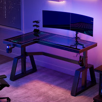 Eureka Ergonomic GTG-L60 Pro L-Shaped Glass Gaming Standing Desk With Rgb Lighting and Curved Monitors.