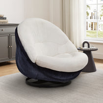 Gloria Swivel Lounge Chair With White Faux Fur Seat and Navy Chenille Backrest, Ideal for Comfortable Living Room.