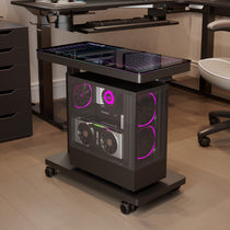 Height-Adjustable Illuminated Panel Cpu Cart With Rtx 2080 Gpu and Pink Lighting for a Modern Workspace.
