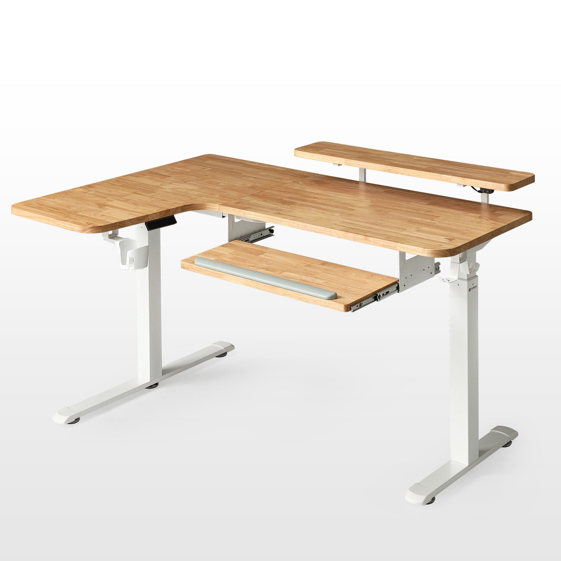 Eureka Ergonomic Rubber wood L-Shaped Standing Desk built-in accessories, perfect for any office.