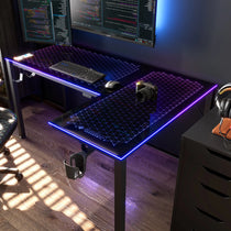 Eureka Ergonomic GTG-L60 L-Shaped Glass Rgb Gaming Desk With Led Lighting, Black Glass Surface and Accessories.