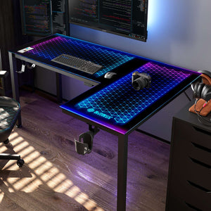 Eureka Ergonomic 60'' Black L Shaped Gaming Desk with Glass Desktop and RGB Lighting