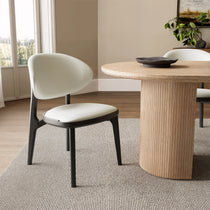 Off-White Leather Cedar Dining Chair and Wooden Table Set, Modern Dining Space.