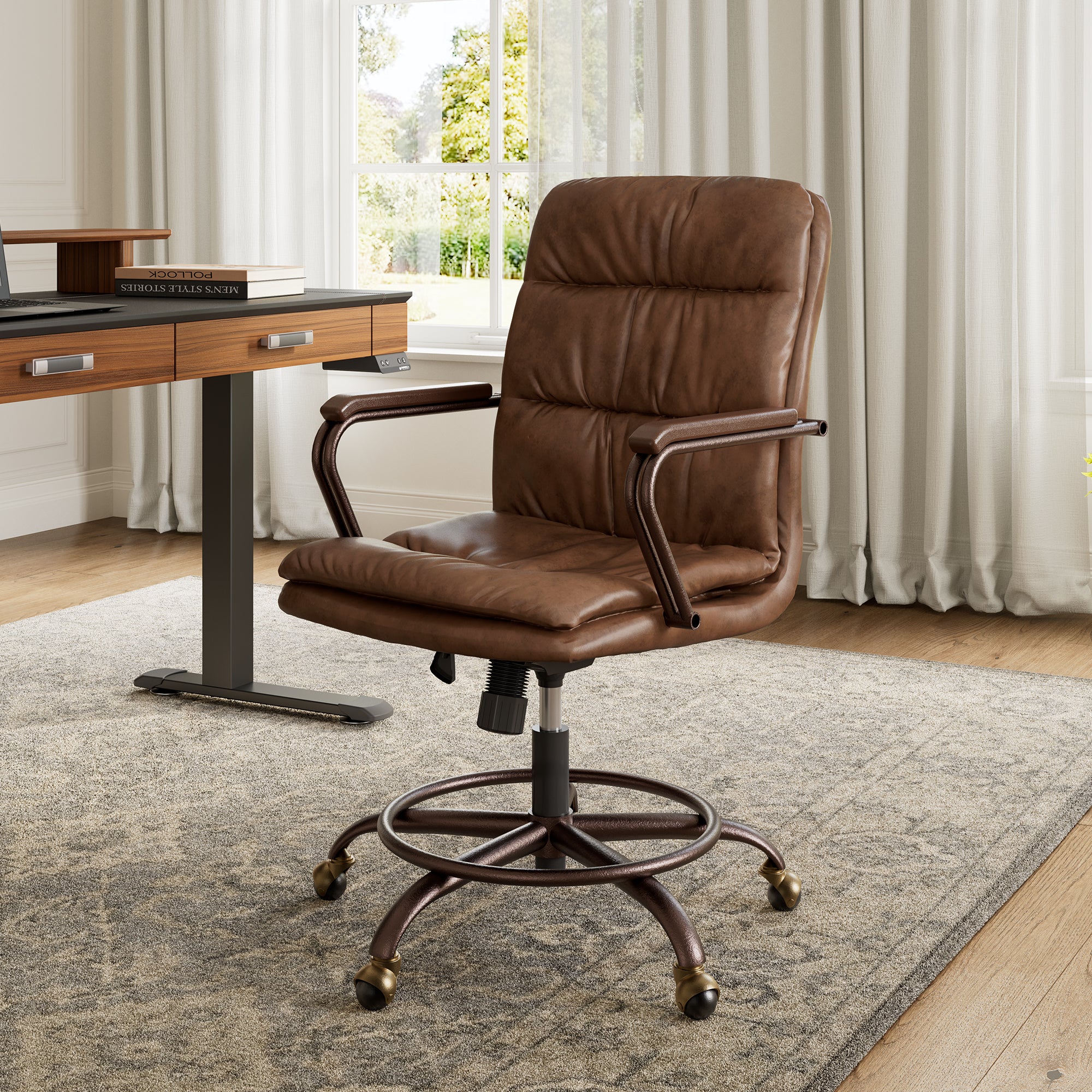 Brown leather desk chair on wheels discount