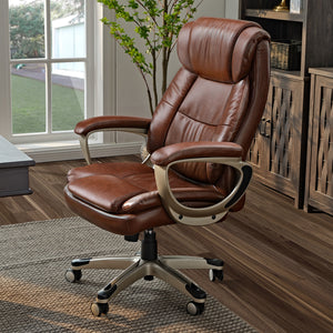 Preston Executive Office Chair in Brown Pu Leather. Ergonomic Design for Comfort and Support in a Home Office Setting.