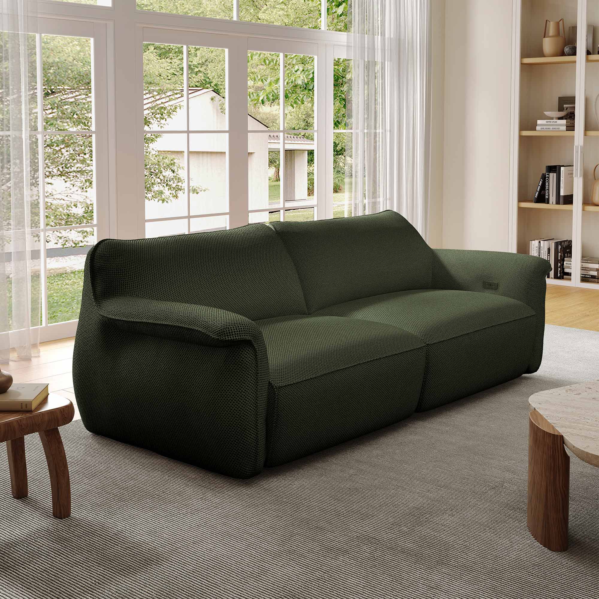 Vero Power Sleeper Sofa in Olive Green With Modular Design and Breathable Techno 3D Mesh Fabric.