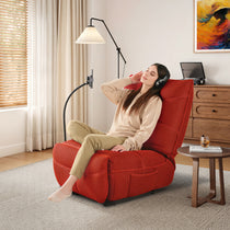 Woman Relaxing in a Red Techno 3D Fabric Linx Power Glider Recliner With Headphones, Modern Living.