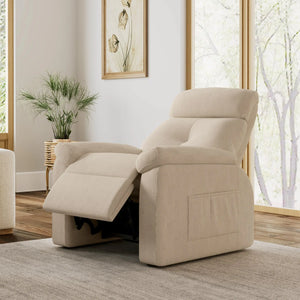 Beige Power Recliner Chair in a Living Room Setting, Showcasing Zero Gravity and Comfort.