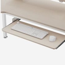 Ergonomic Pull-Out Keyboard Tray With Logitech Keyboard and Mouse, Light Wood Finish.