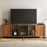 Sonoma 70 Tv Stand Media Console, Wood Grain Finish With Gold Accents, and Modern Decor.