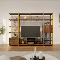 Sonoma Modern Tv Stand With Storage, Display and Shelves. Home Entertainment Center With Wood and Gold Accents.