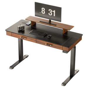 Faux Saddle Leather Adjustable Standing Desk With Monitor and Accessories.