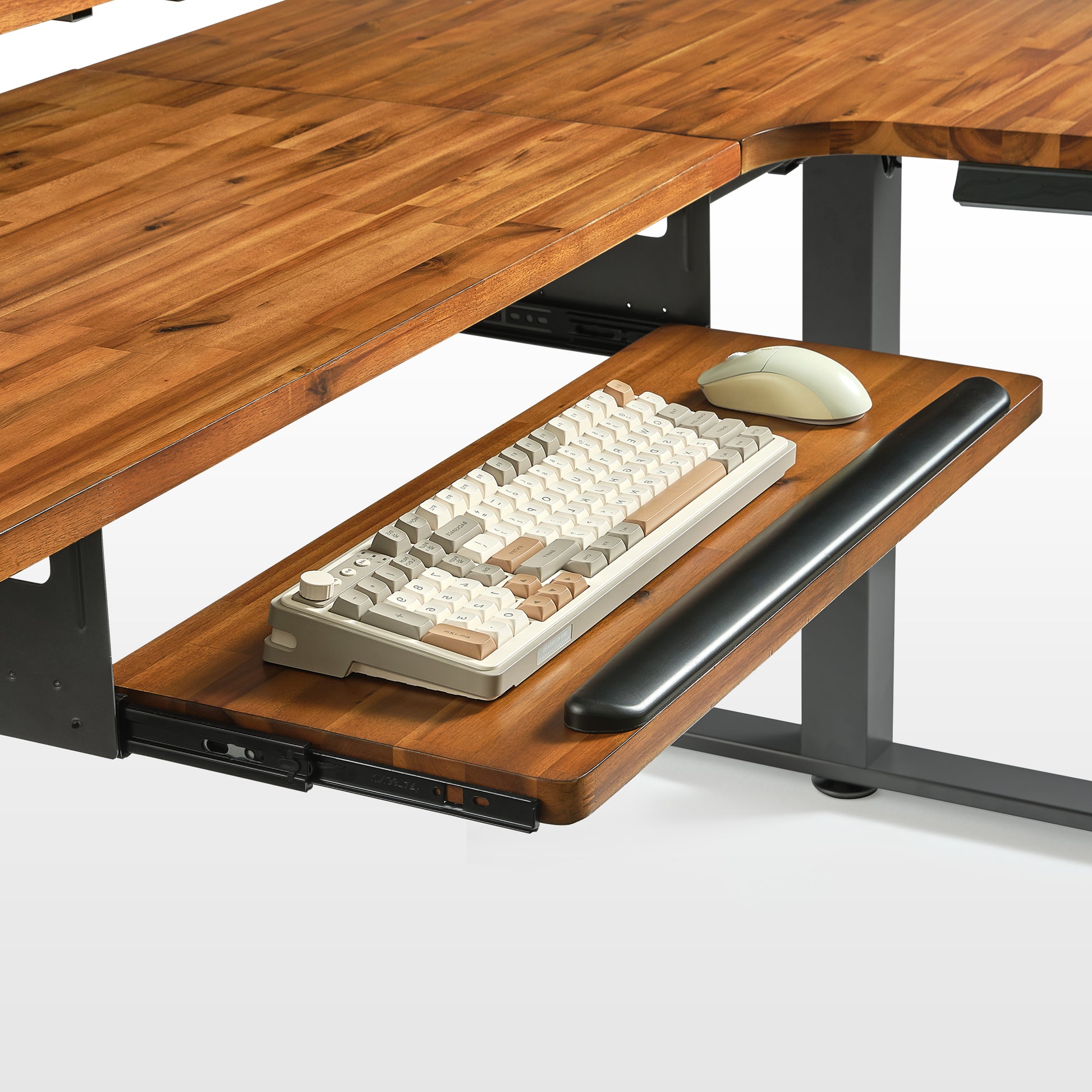 Eureka_Ergonomic L-Shaped Standing Desk With Slide-Out Keyboard Tray and Maple Wood Finish.