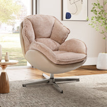Tan Chenille Swivel Lounge Chair With Chrome Base, Ergonomic Design, Perfect for Living Room.