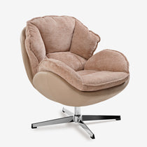 Norman Chenille Swivel Lounge Chair in Tan Color With Chrome Base, Ergonomic Design.