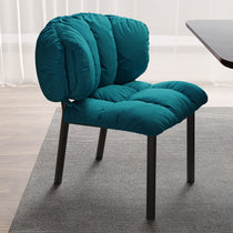 Rlesana Teal Velvet Dining Chair With Quilted Petal Back, Black Legs. Luxurious Dining Furniture.