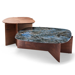 Eureka Ergonomic 41" Walnut & Blue Jade Marble Irregular Coffee Table with Side Table Set, Jade Blue & White