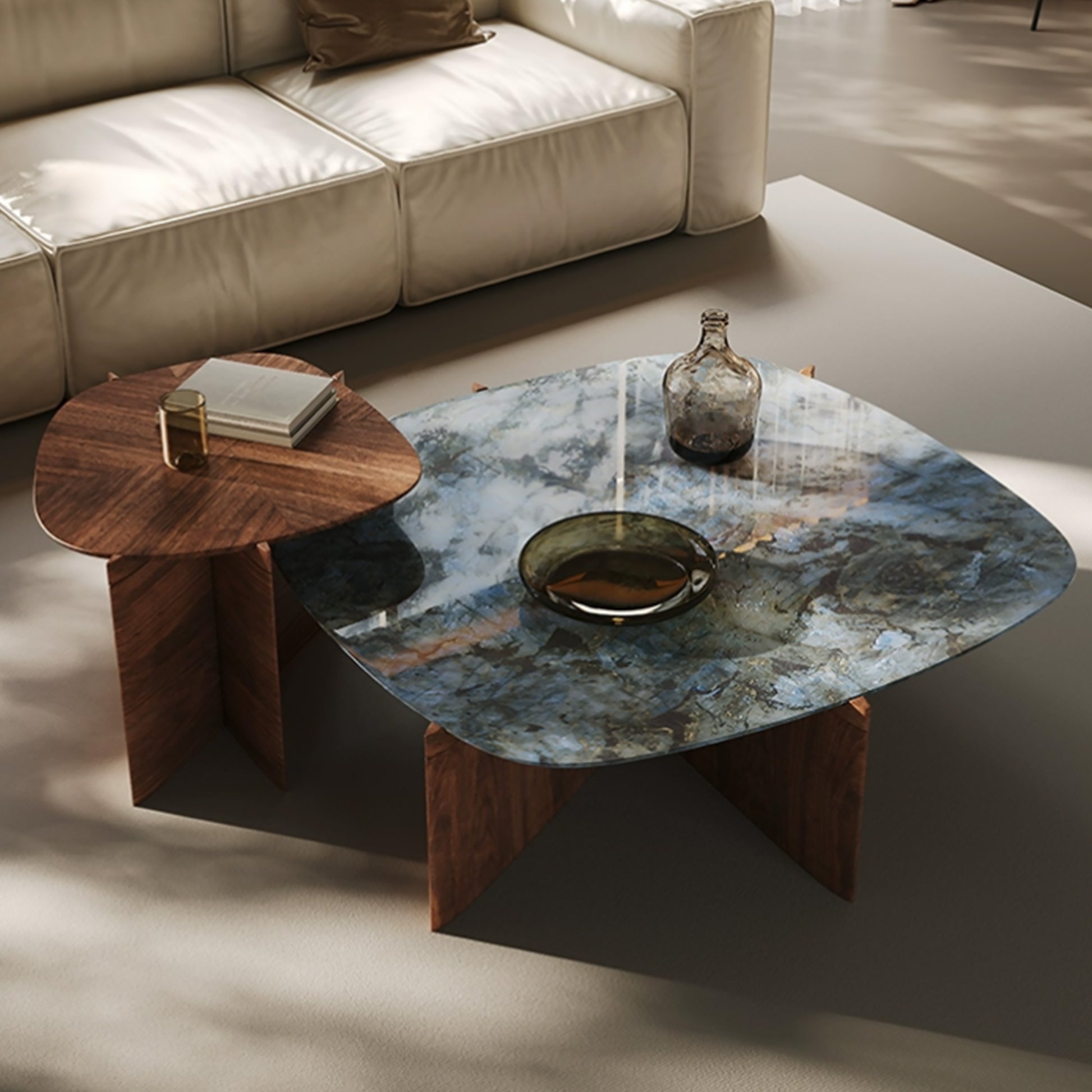 Eureka Ergonomic 41" Walnut & Blue Jade Marble Irregular Coffee Table with Side Table Set, Jade Blue & White