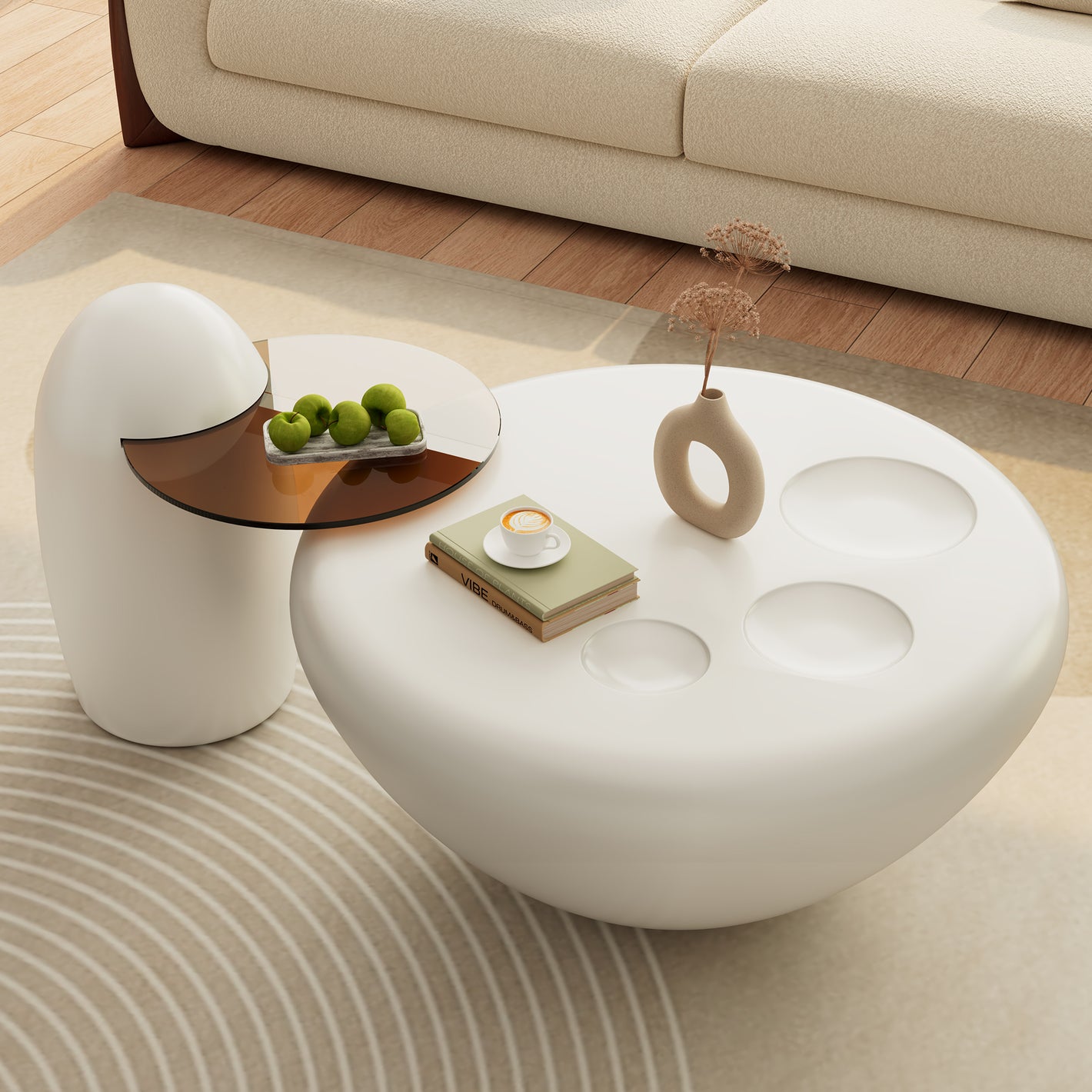 Eureka Ergonomic White Cat Claw Round Coffee Table With Penguin Side Table Set, White