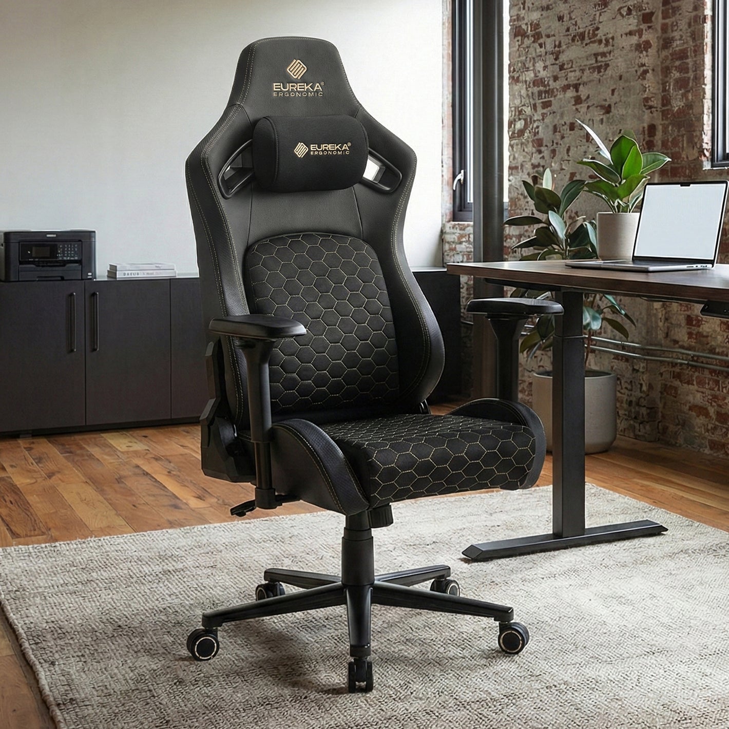 Eureka office chair in a home office setting with a desk and laptop.