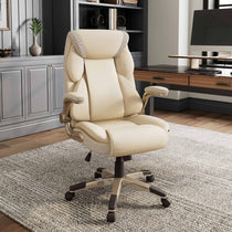 Galene Cream Faux Leather Office Chair With Ergonomic Design and Mesh Headrest for Workspace Comfort.