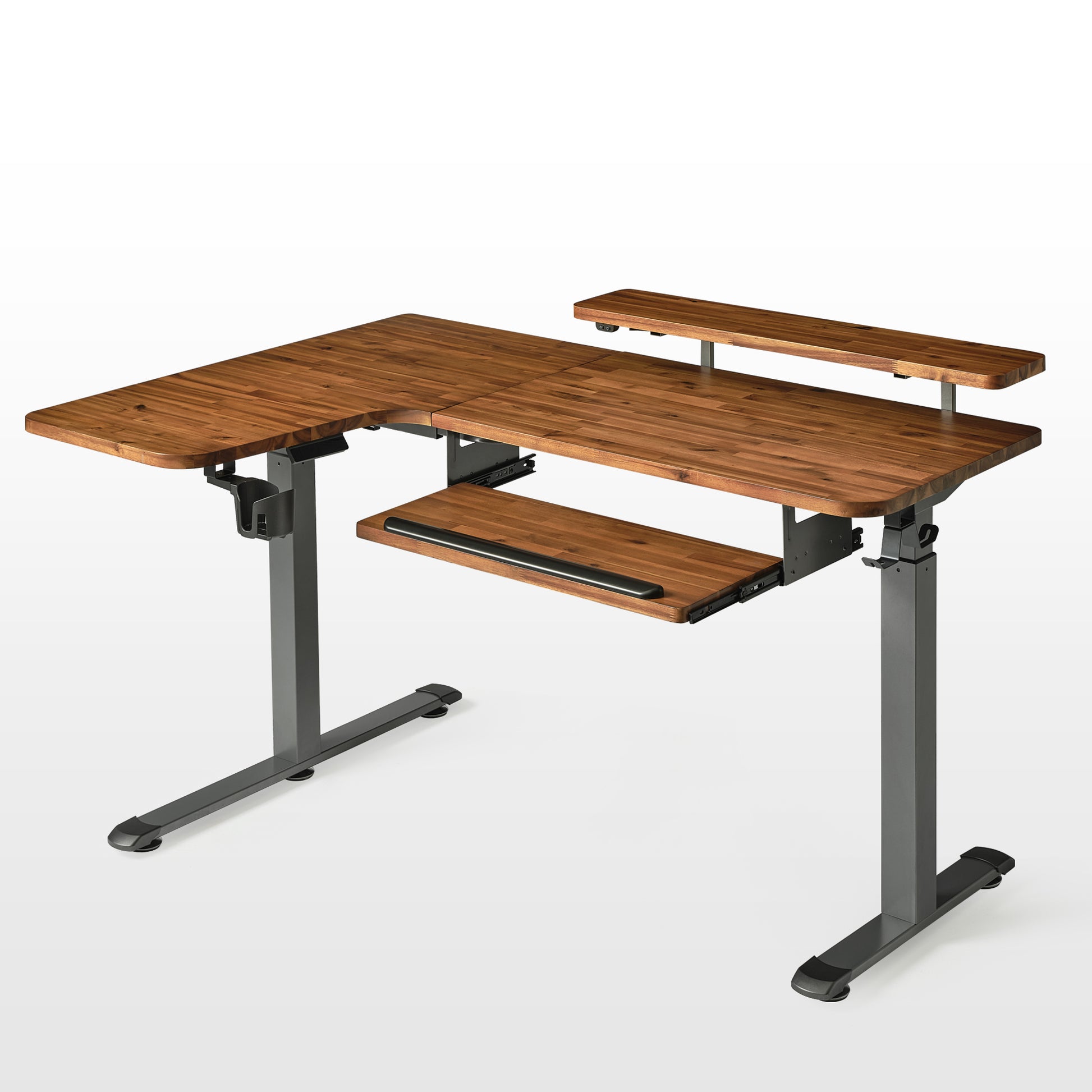 Eureka Ergonomic Rubber wood L-Shaped Standing Desk built-in accessories, perfect for any office.