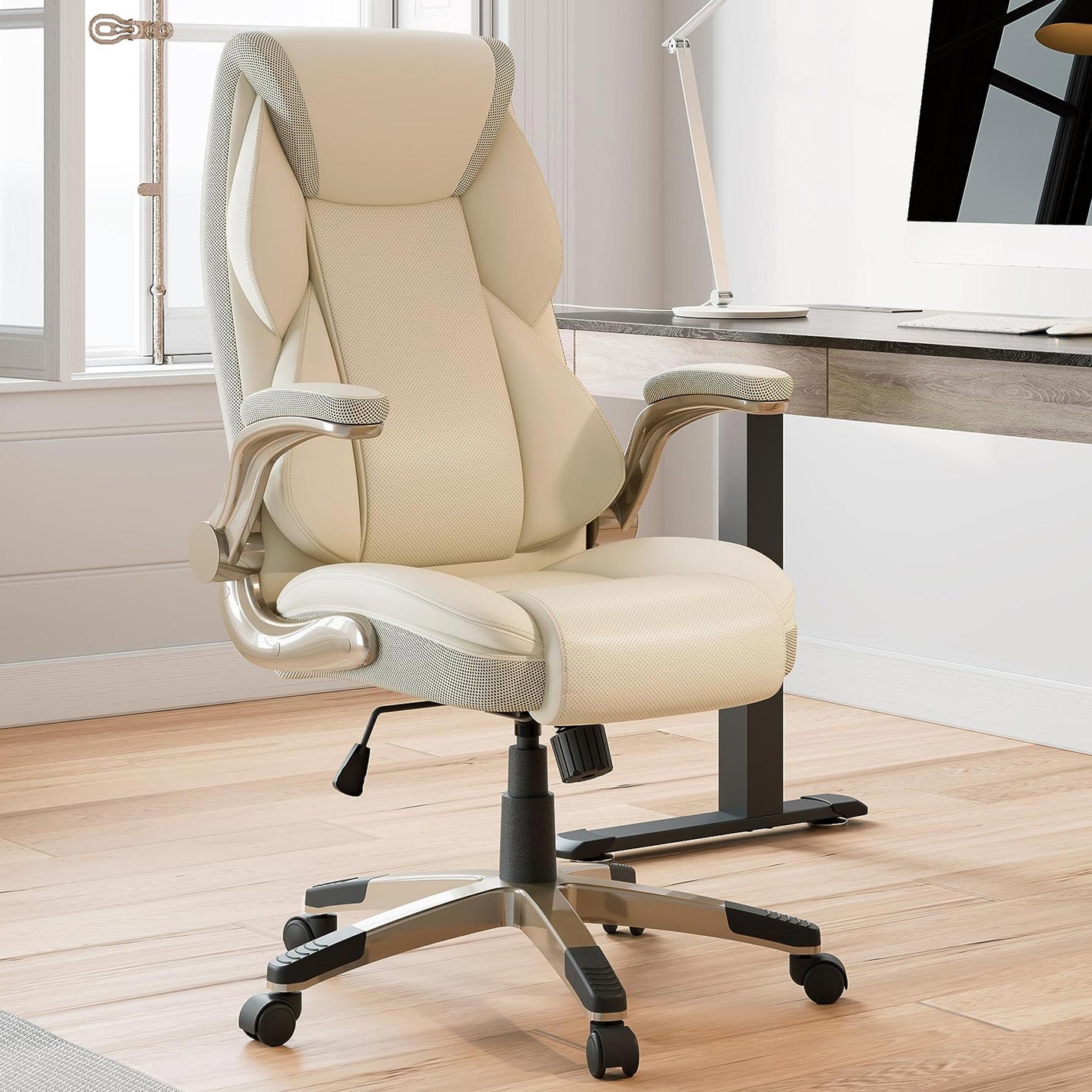 Eureka Ergonomic leather comfy office chair with soft cushion and lumbar support, Off-White,Regular,CNET recommended