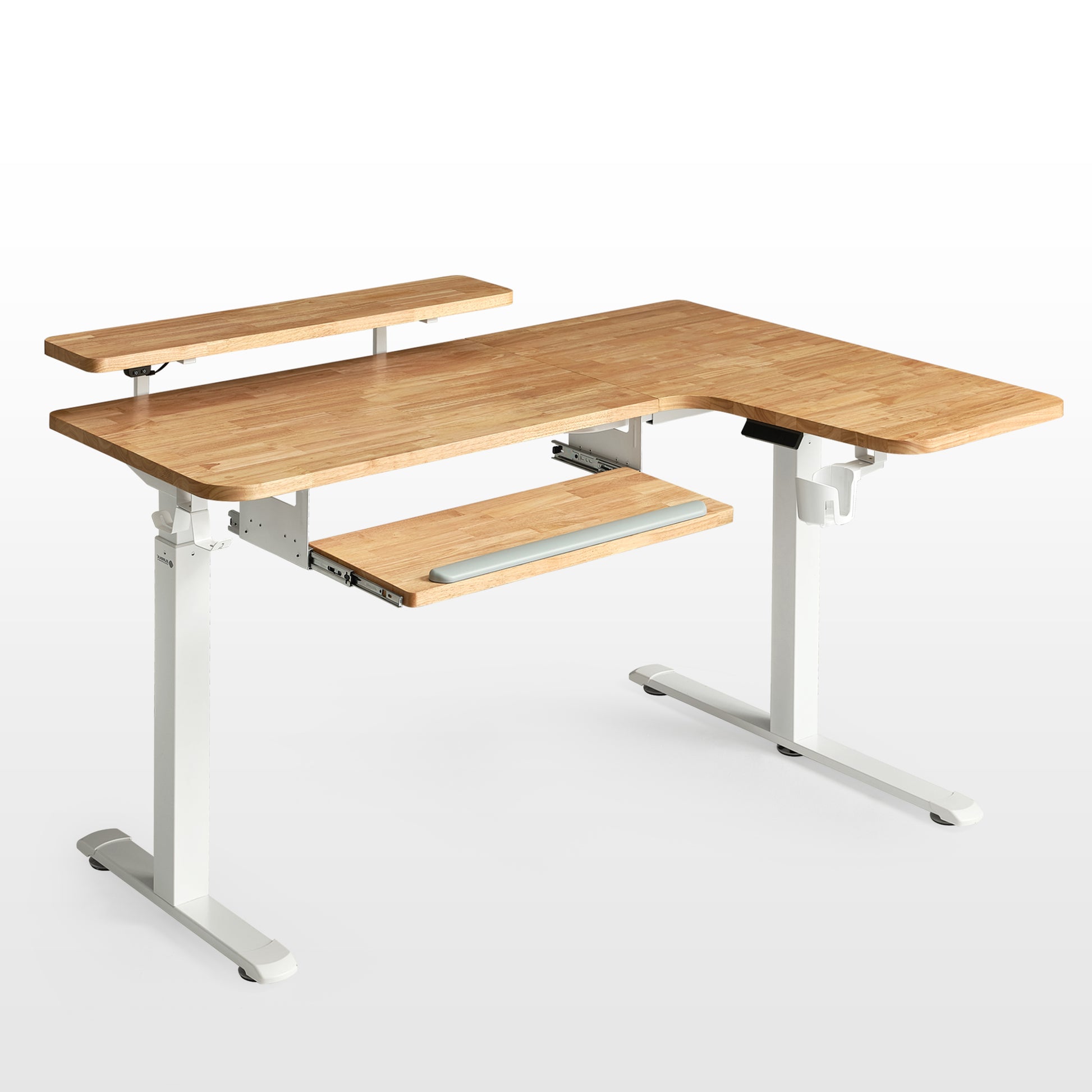 Eureka Ergonomic Rubber wood L-Shaped Standing Desk built-in accessories, perfect for any office.